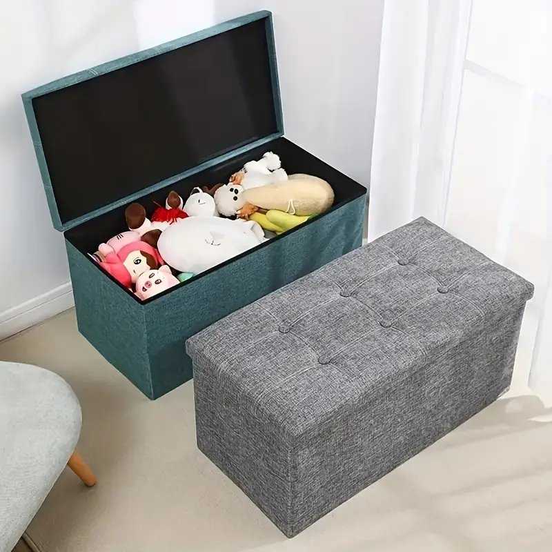 1pc 30 inch imitation linen shoe stool folding large capacity storage box shoe rack footrest with pads 30 bedside bench shoe stool details 0