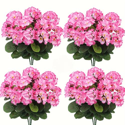 90pcs uv resistant geraniums bright light pink artificial flowers with green leaves suitable for indoor and outdoor decorations gardens patios home centerpieces and special occasions like weddings and engagements
