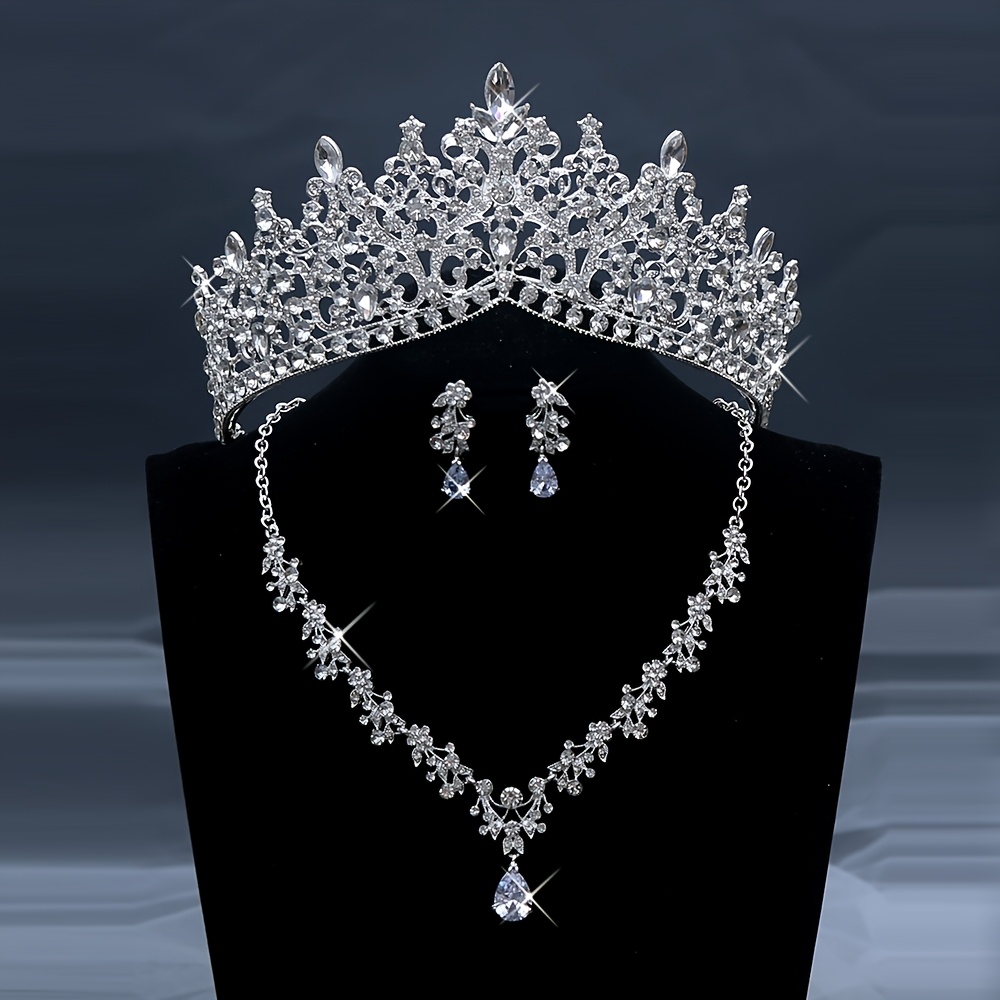 TEMU Three-piece Luxurious Jewelry Set Featuring A Sparkling Rhinestones Crown, Necklace, And Earrings, From Universal Silvery Alloy For Men And