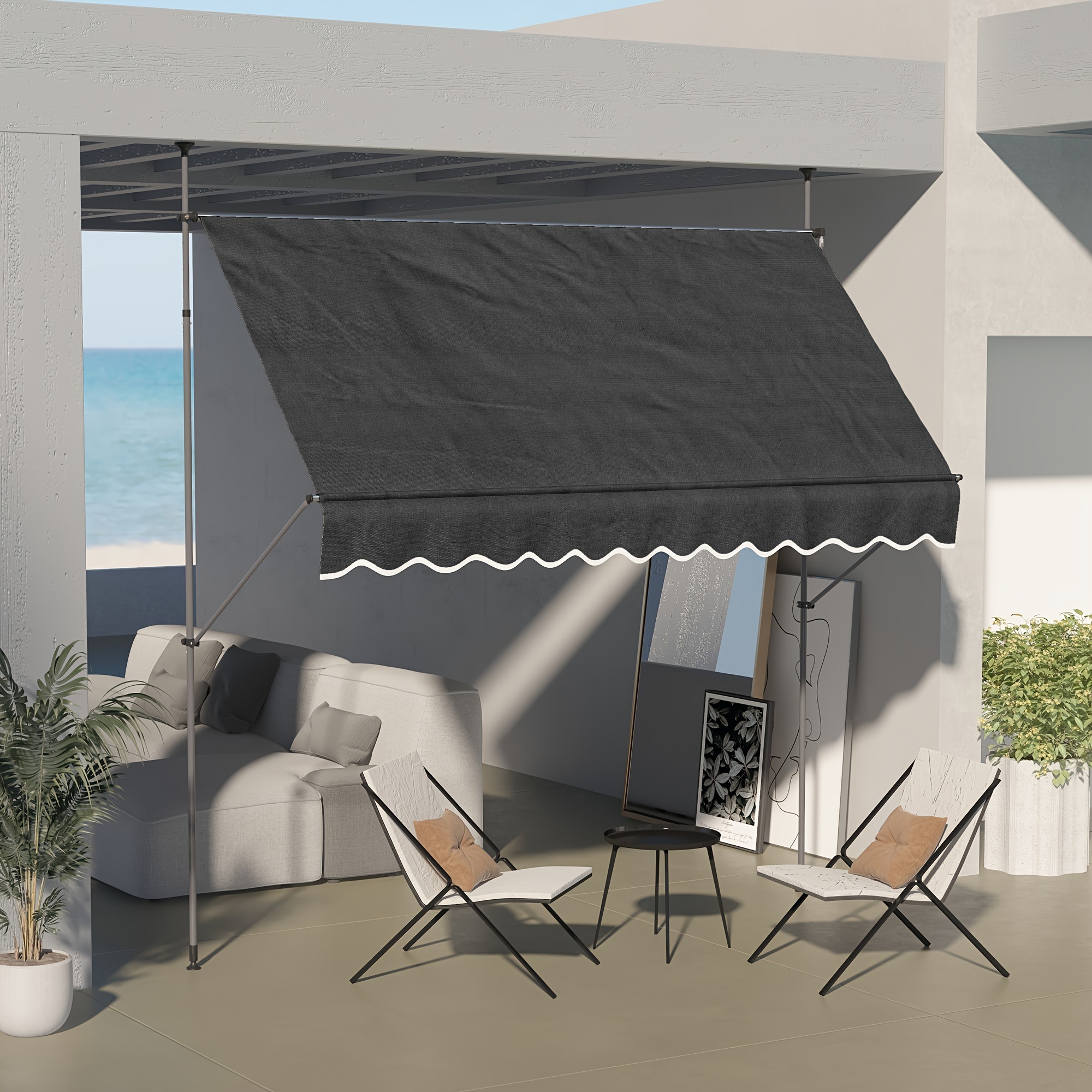 

Outsunny Manual Retractable Awning, 118" Non-screw Freestanding Patio Sun Shade Shelter With Support Pole Stand And Uv Resistant Fabric, For Window, Door, Porch, Deck, Black