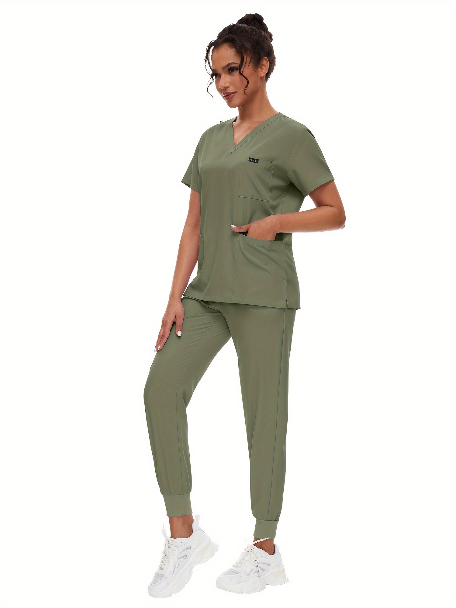 Doktor, Hemşire, Doktor, Diş Hekimi için Nefes Alabilir ve Rahat Sağlık Bakımı Üniforma, Kadın İş Giyimleri, V-Yaka 2 Cebi Bulunan Modern 2 Parça Tek Renkli Tıbbi Üniforma Takımı + Esnek Bel Tıbbi Alt Giysiler