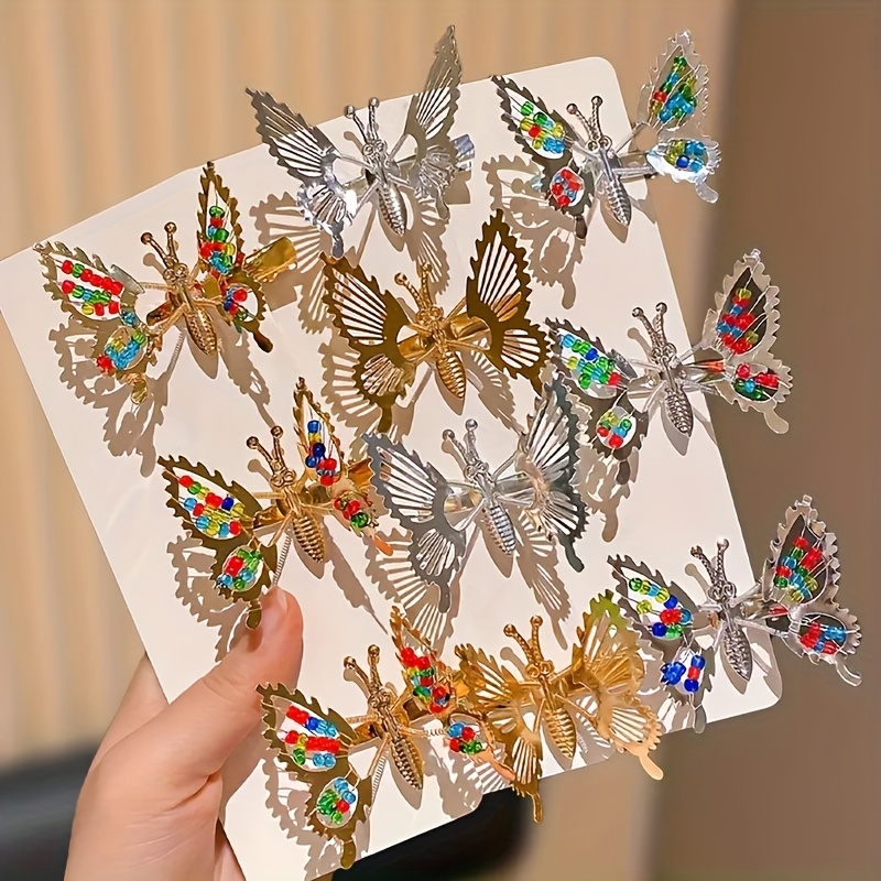 TEMU 6 Shiny Hair Clips, Fluttering Wing Hairpins, Inlaid Diamond Alloy Mesh Design, Random Colors For Daily Wear
