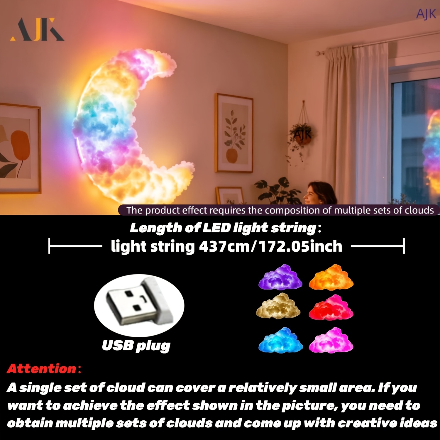 TEMU Ajk 172.05inch Decoration Light, 3d Music Thunder Light, Rhythm Rgb Color Changing Light, Wall Lightning Cloud Light, Button Control, , Dance