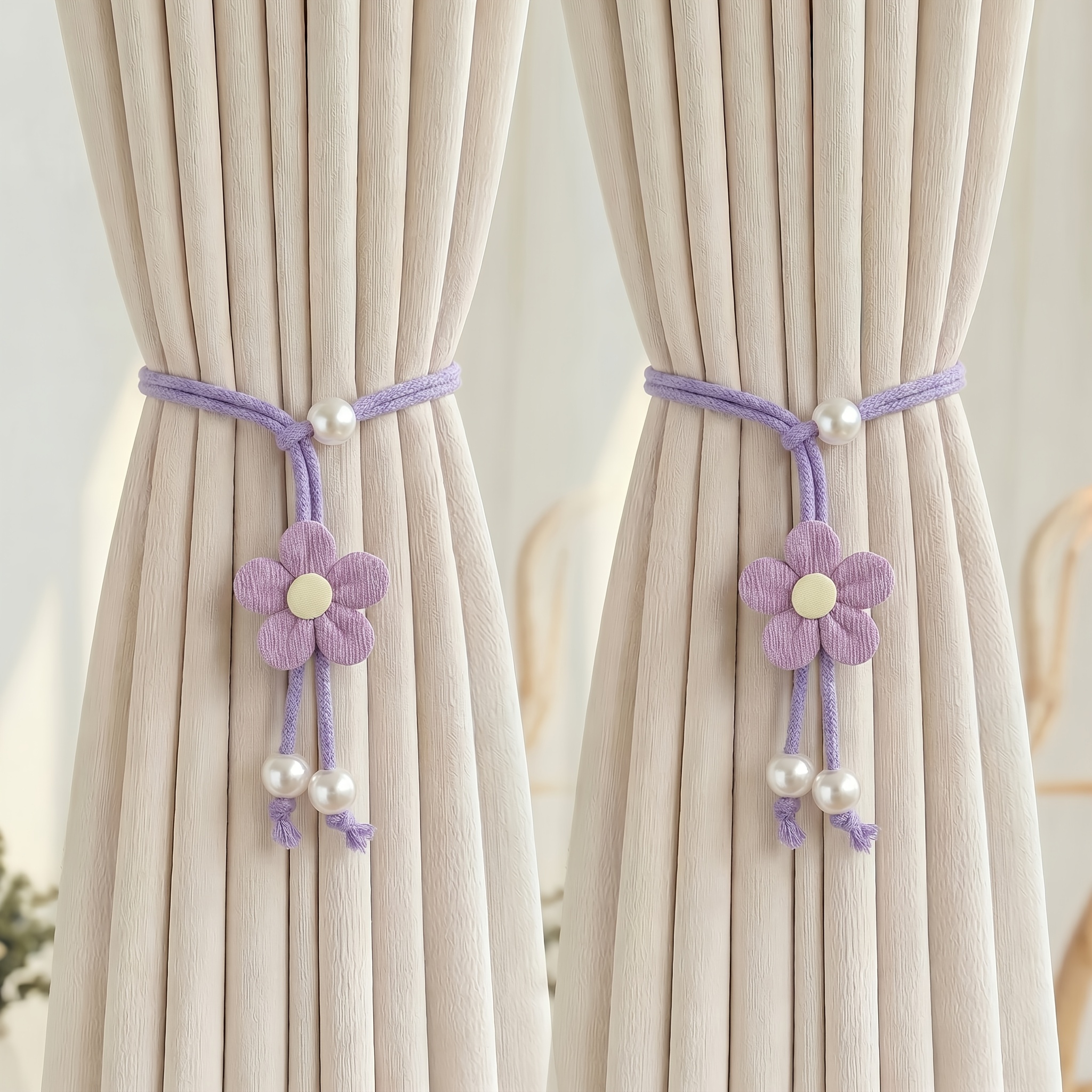 TEMU 2 Stück - Elegante, kleine, verstellbare Vorhangbänder mit Blumenmuster, Perlenverzierungen, langlebige und stilvolle Vorhänge-Ergänzungen für