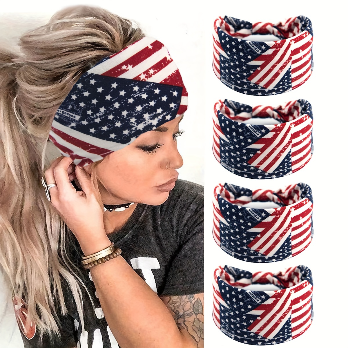 

1pc/4pcs American Independence Day Flag Headband Non-slip Elastic Hairband Star And Stripe Headband American Independence Day Decorative Hairband