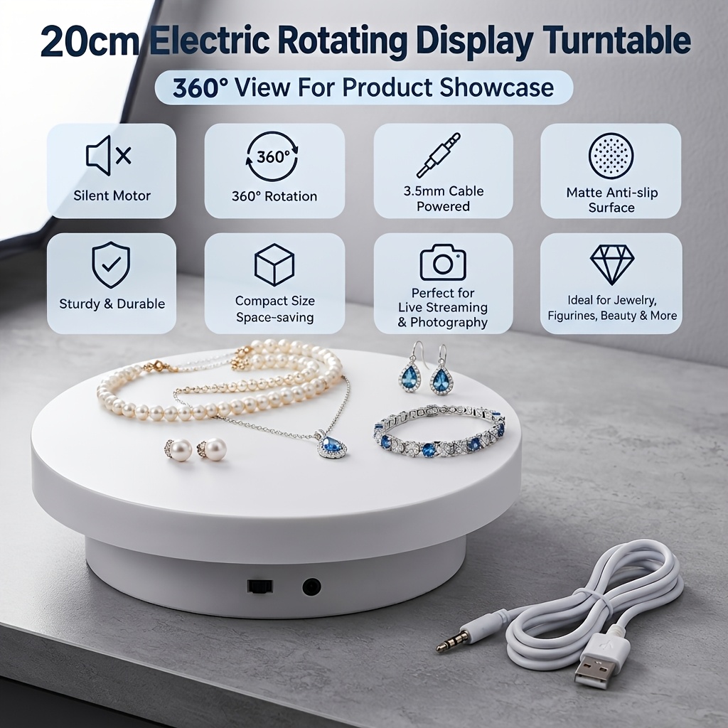 TEMU 20cm/7.8in Usb Electric Rotating Display Turntable, 2-5kg Load Capacity, Adjustable & Reverse 360° Rotation, Silent Matte Anti-slip Display Base