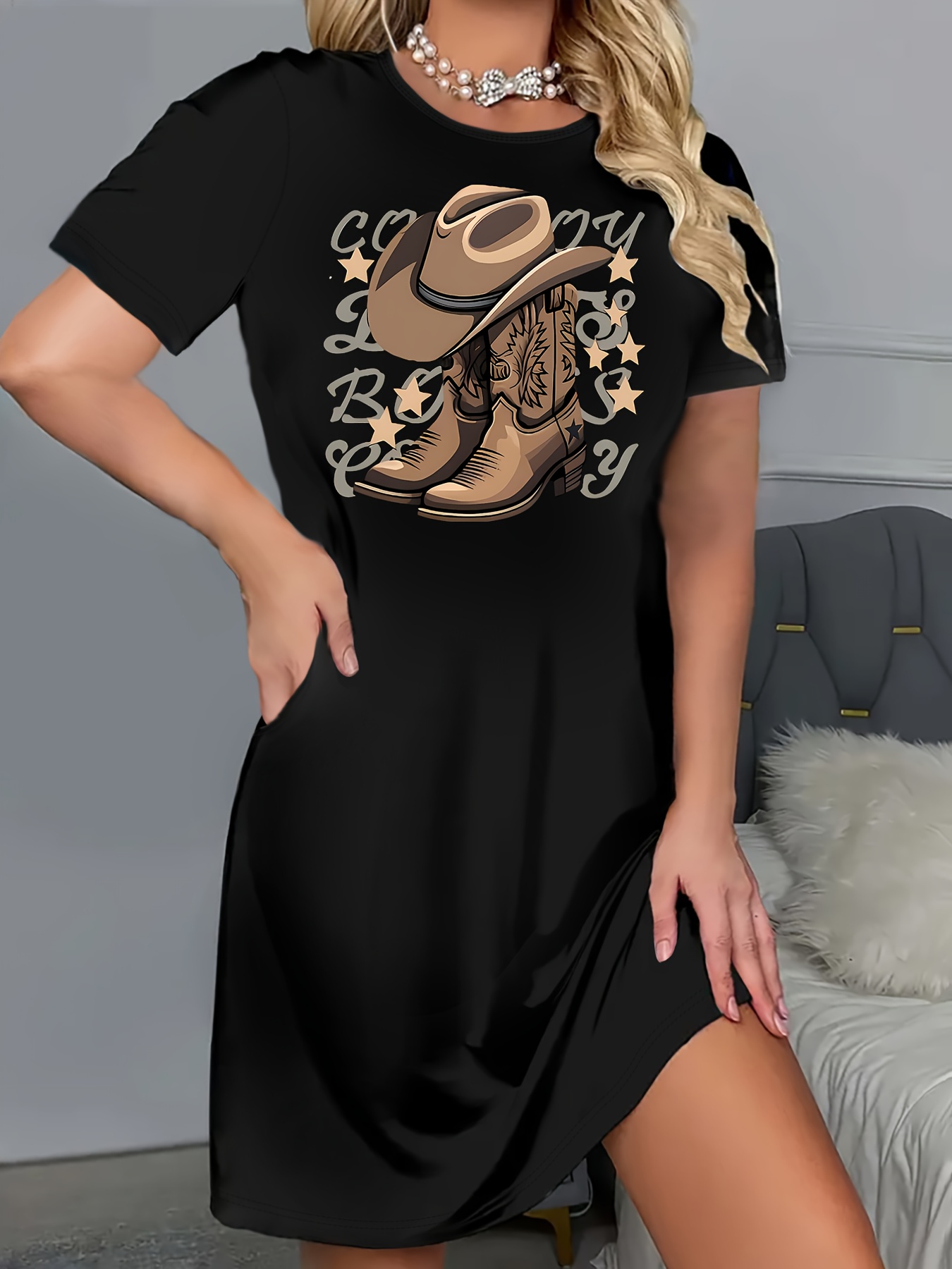 Women's Cowboy Boots & Hat Graphic * Short Sleeve Tee Dress with Dual  Pockets - Stretchy Round Neck Machine Washable Spring Summer Dress, Summer  Fashion *
