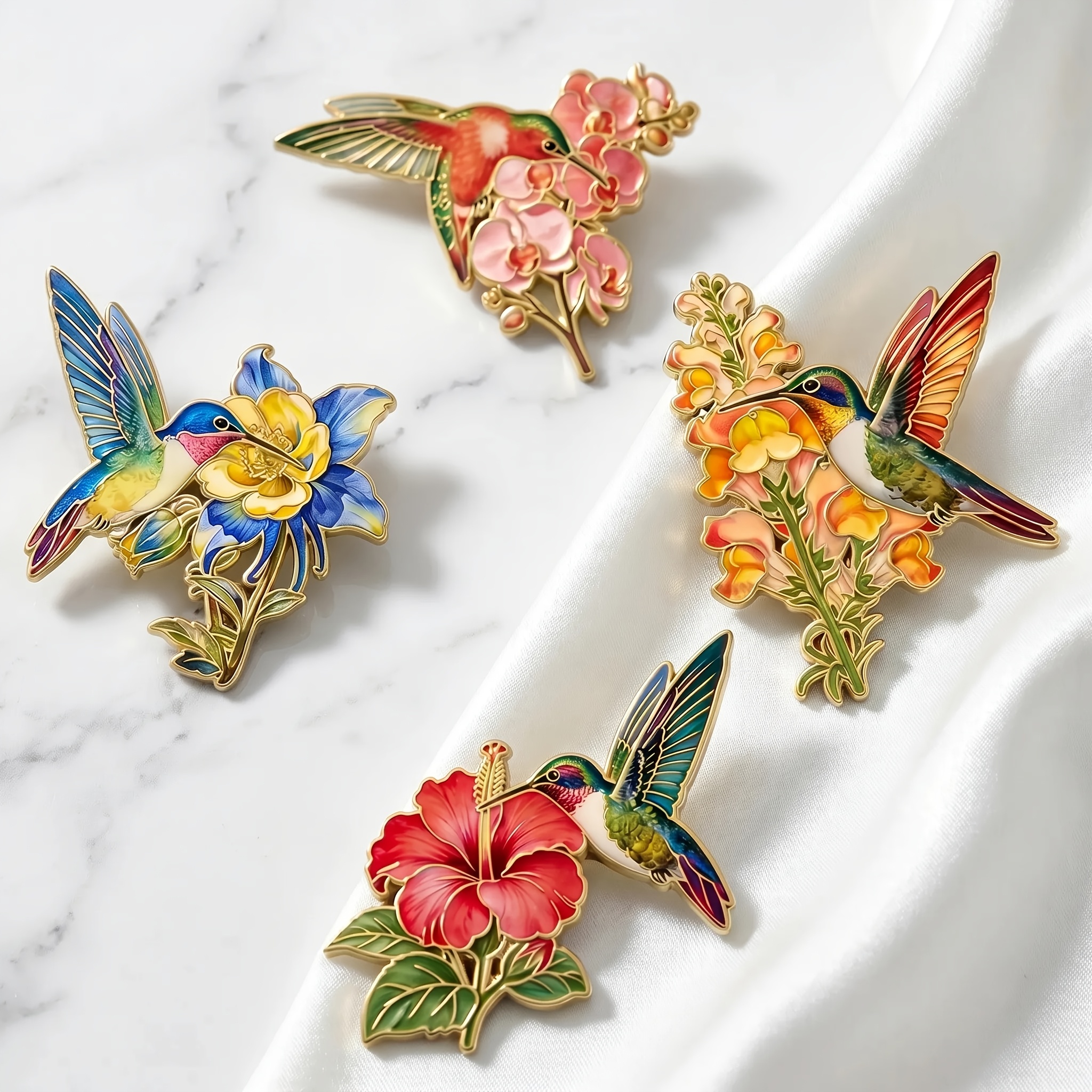 TEMU 4pcs Fresh Hummingbird Flower Badges And Flower Badges Versatile For Jackets And Backpacks