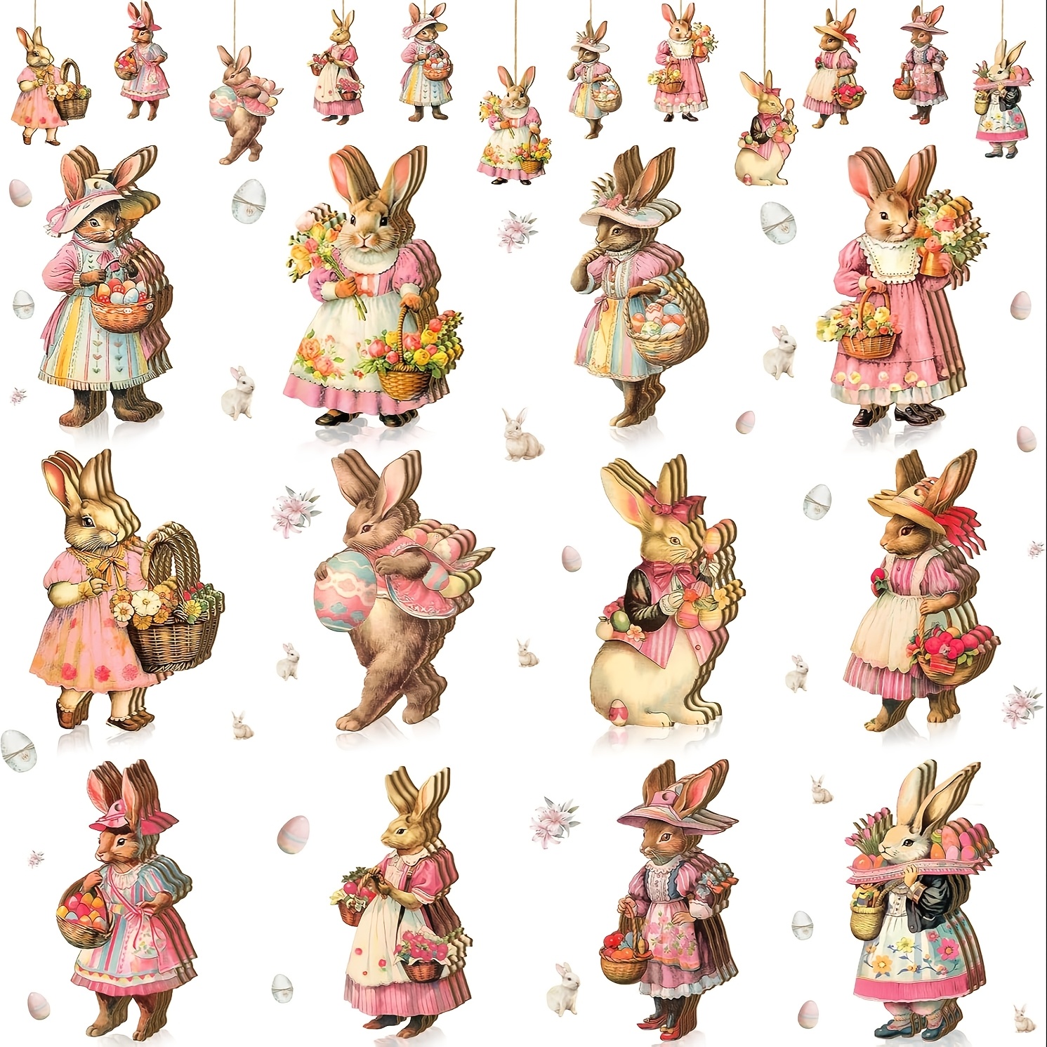 

24pcs Vintage Easter Wooden Decor Set, And Egg Hanging Ornaments With Rope, Farmhouse Spring Decorations For , Wooden, Hollow