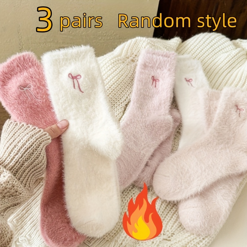 TEMU Random 3 Pairs Of Colors Women's Fleece Thick Mid-calf Socks Winter Warm Mink Cute Socks