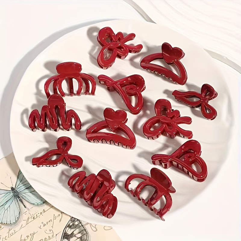 12pcs New Early Autumn Hair Accessories, Ankara Red Elegant And Grand Hair Clips, Red Claw Clips, High-end Large Hair Claws