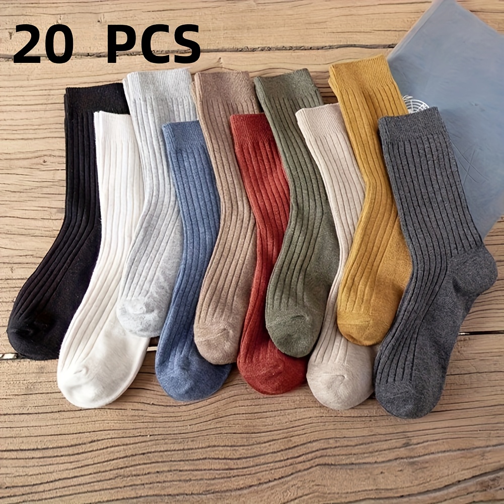 

20pcs Vibrant Striped Mid-calf Socks - Soft, Breathable Polyester , Non-slip, - Assorted Colors,