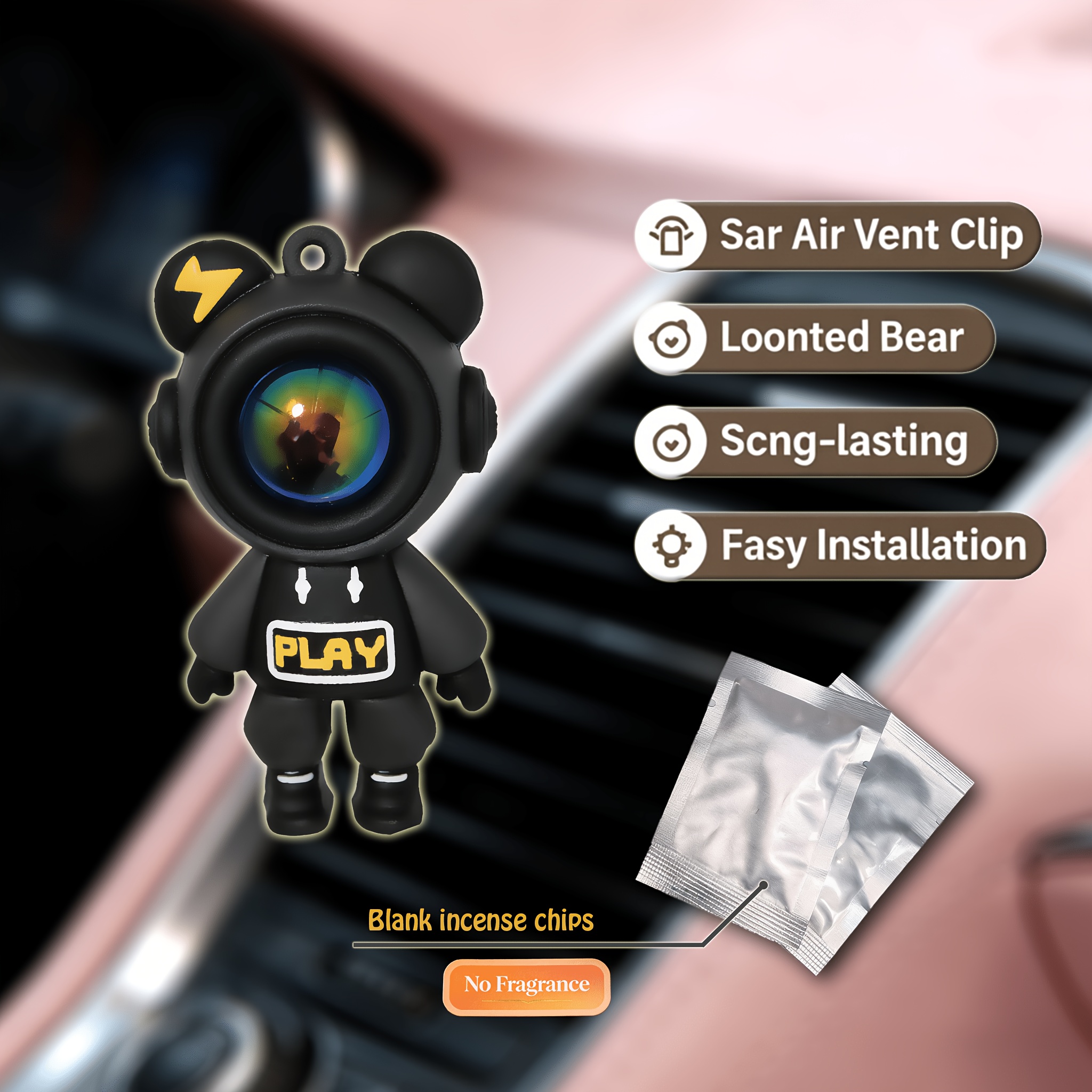 TEMU Bear Car Vent Clip, Tech Stylish Auto Air Outlet Decor Ornament, No Fragrance, Ideal Gift For Car Interior Decoration, Without Battery