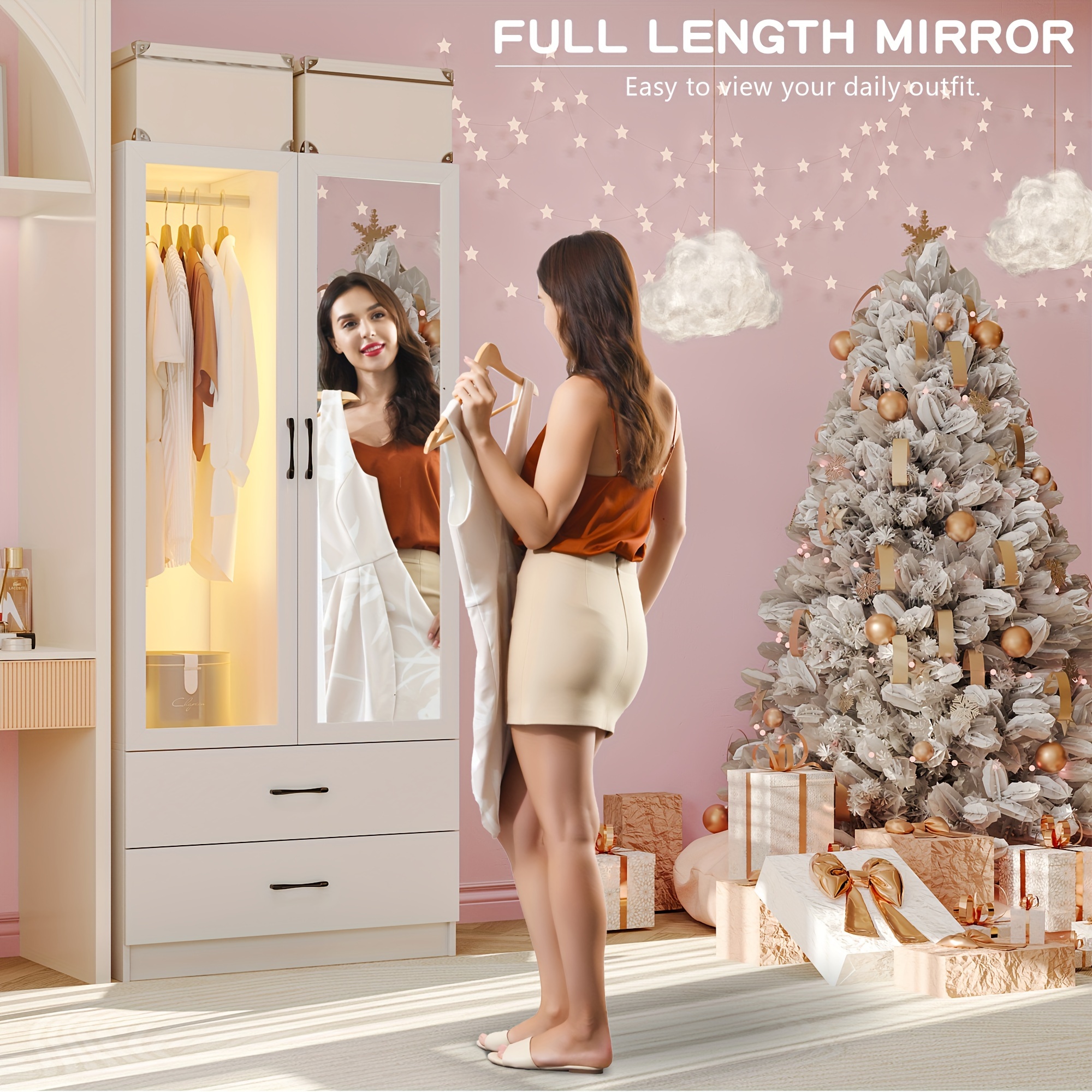 Modern Wardrobe Closet With Mirror & LED Light - 6 Drawers, Hanging Space & Shelves, Multi-Functional Armoire For Bedroom