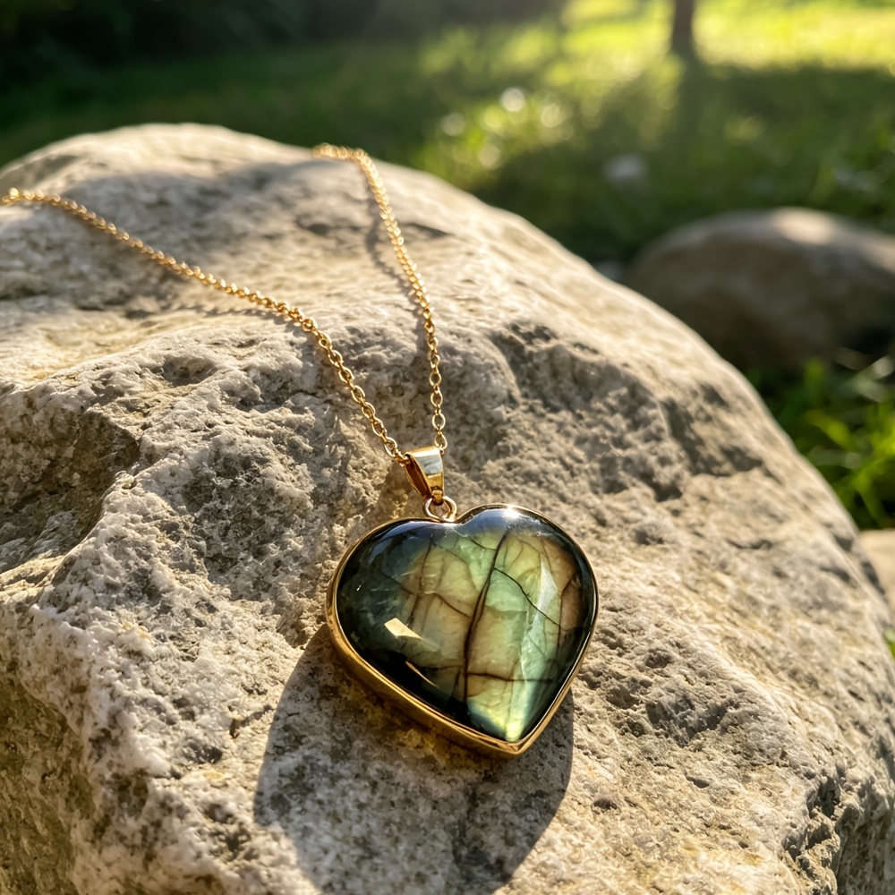 Handmade Heart Iridescent Labradorite Necklace, Boho Style