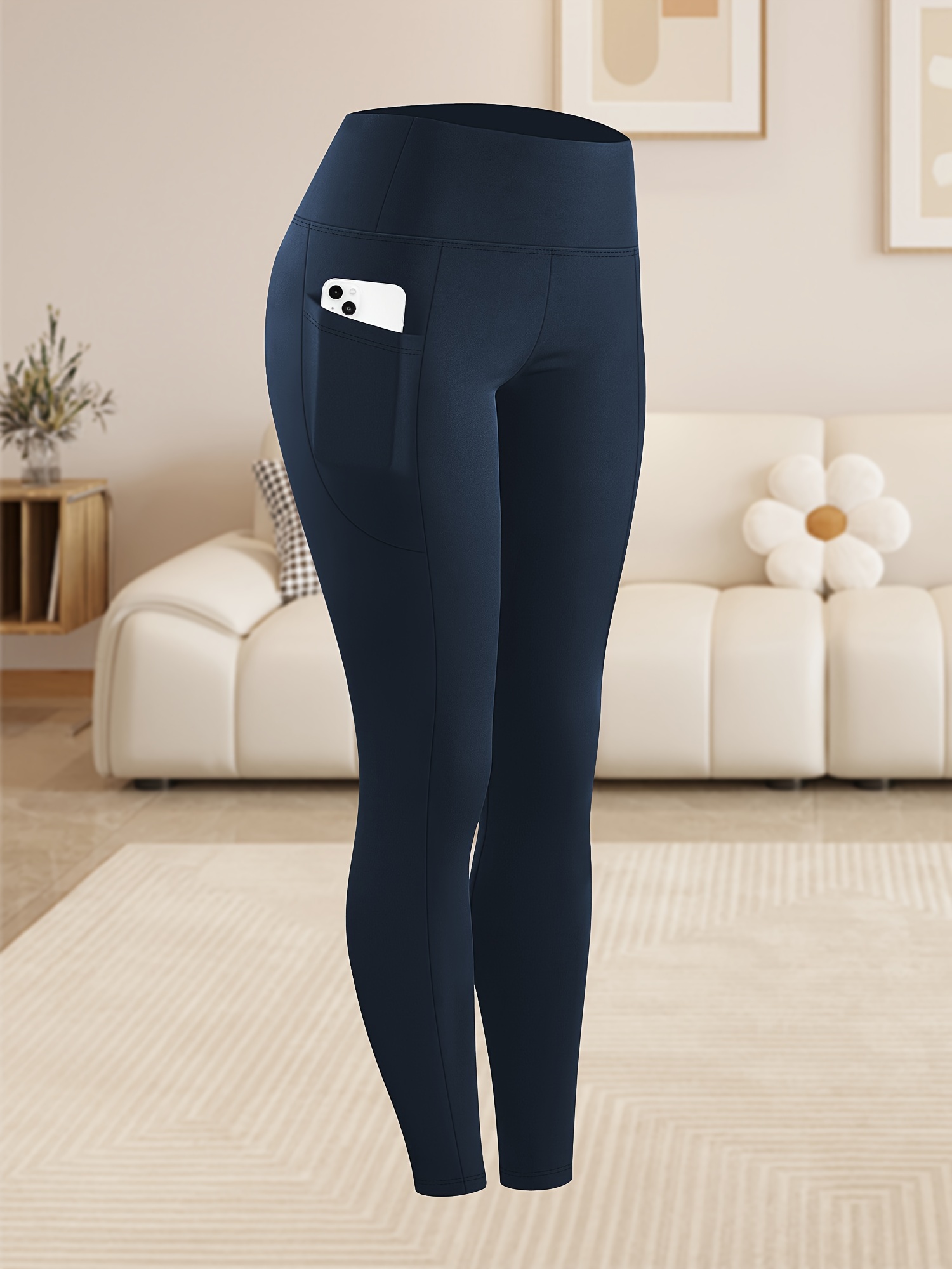 Women'S Plus Size High Waist Tummy Control Leggings with Pockets, 88% Polyester 12% Elastane, Skinny Fit, Solid Color, Knit Fabric, 200g/m², All Season Athletic Yoga Pants for Running & Fitness