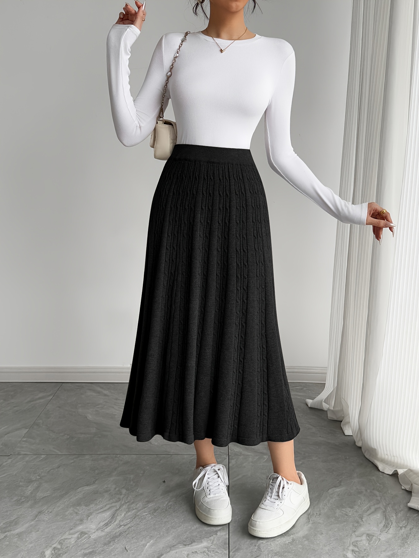 womens elegant long ribbed skirt solid color fall winter Temu Canada