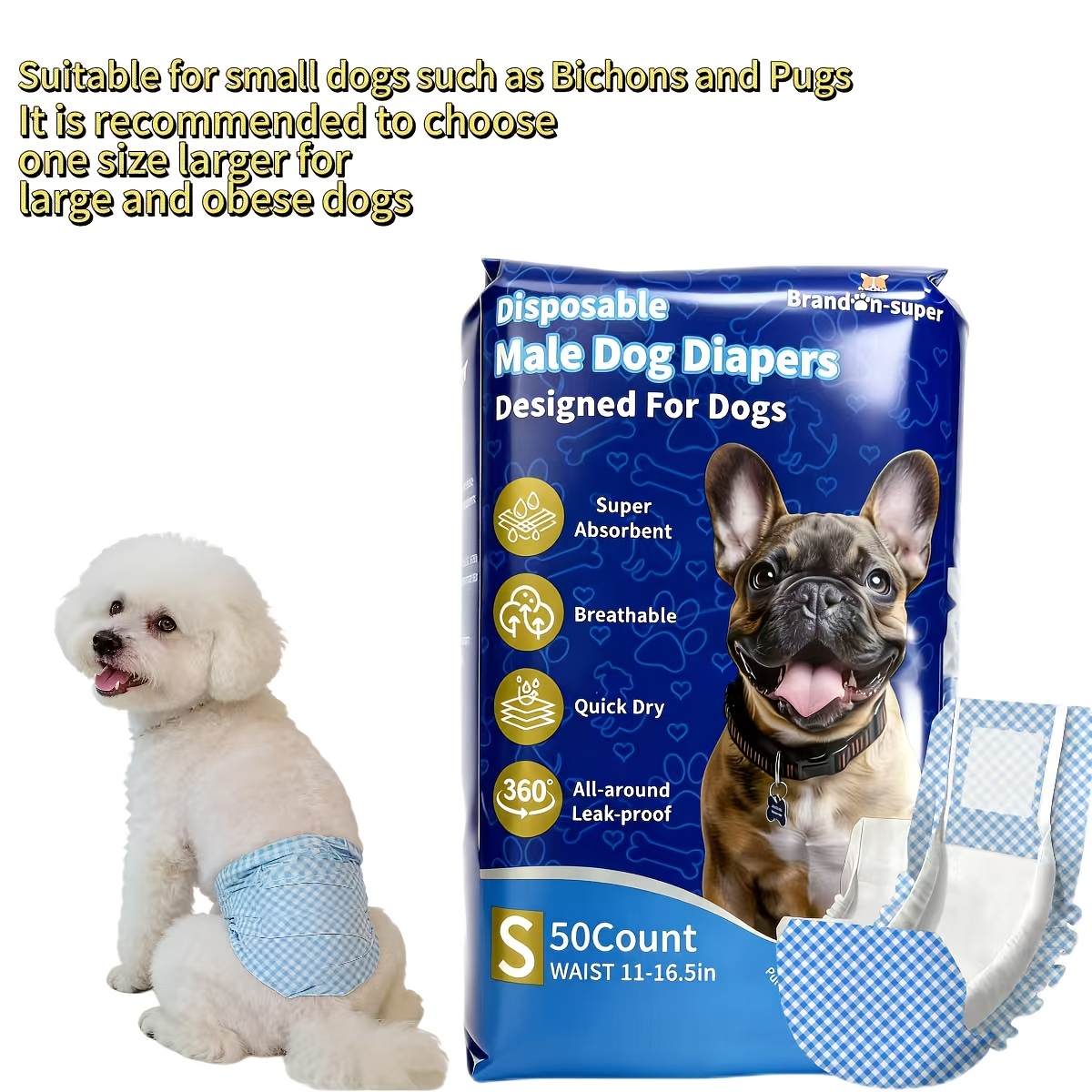 TEMU 50 Sanitary Pads For Male And Female Dogs, Dog Nappy, Pet Nappies, Super Absorbent Disposable Dog Diapers - Leak Proof And Comfortable Patches,