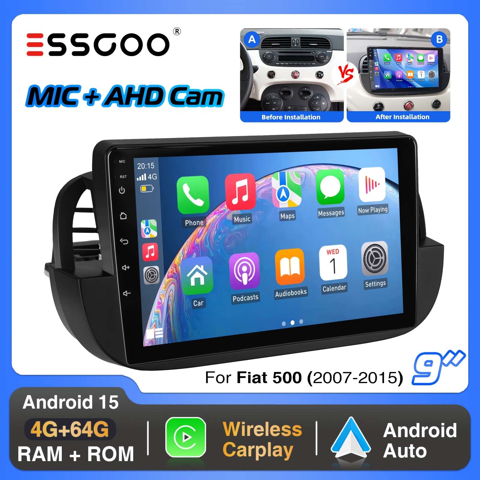 Image of Essgoo 9" 15 Car Stereo Radio For Fiat 500 (2007-2015) | 4gb+64gb | & Auto | 9-inch Ips Touchscreen | Gps, Wifi, Fm, Rds, Eq | & Steering Wheel Control | | -one, With Extra Microphone &