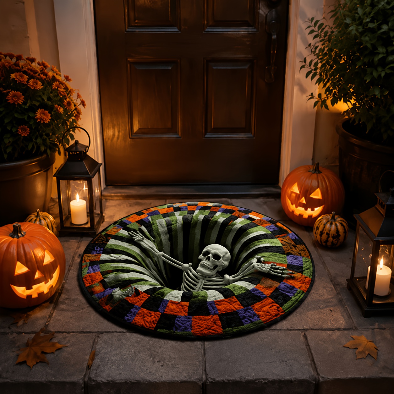 TEMU Halloween Themed Round Rug, 2d Printed Spooky Vortex Optical Illusion Design With Skeleton & Striped Checkered Pattern, Soft Polyester Material