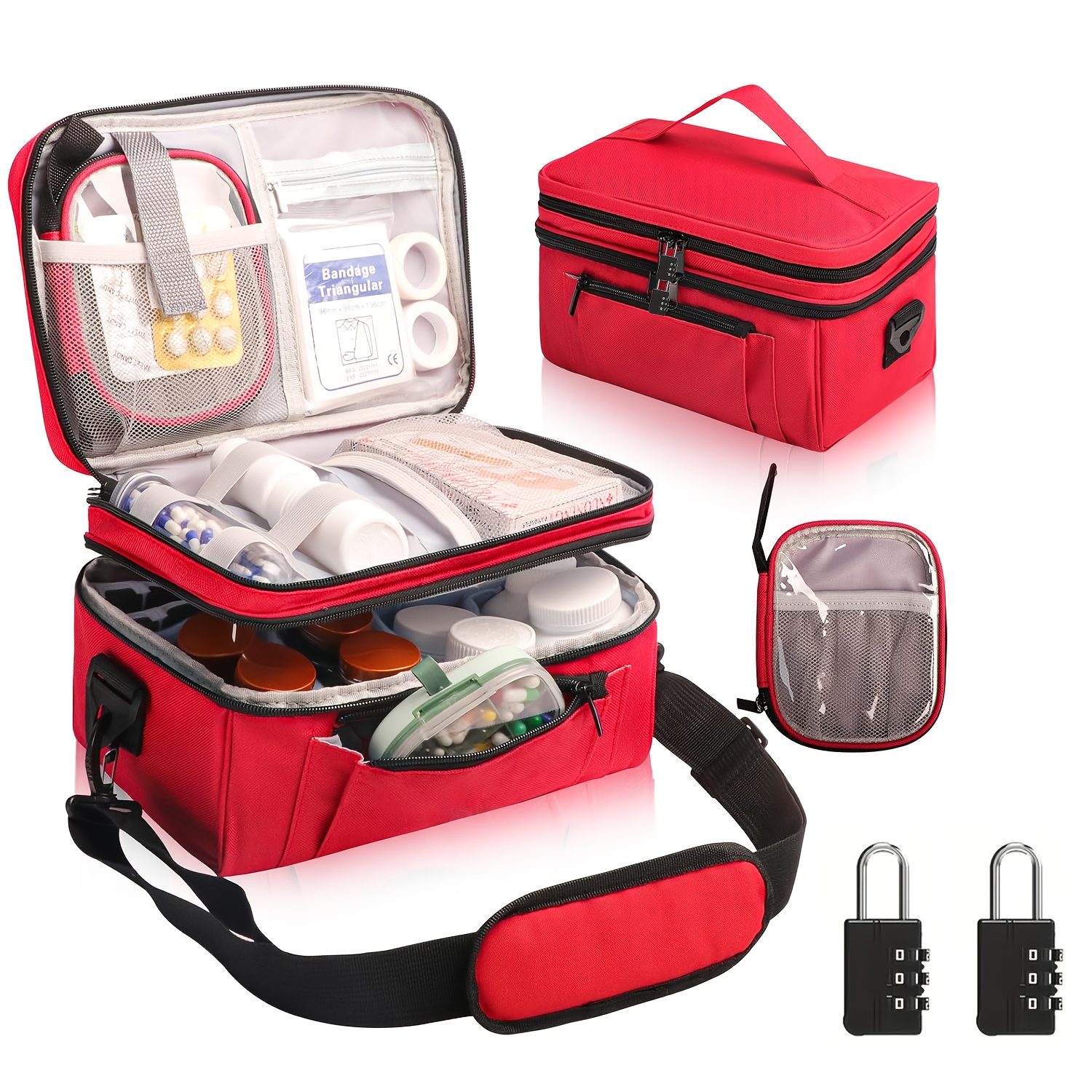 Lockable Travel Medication Organizer Bag with Double-Layer Pill Case & Portable Pouch - Lockable Zippers & 2 Keys Lock, Shoulder Strap, Durable Polyester Medication Storage for Women s Travel (Grey/Red/Black) - Ideal for Pills,  , Supplies