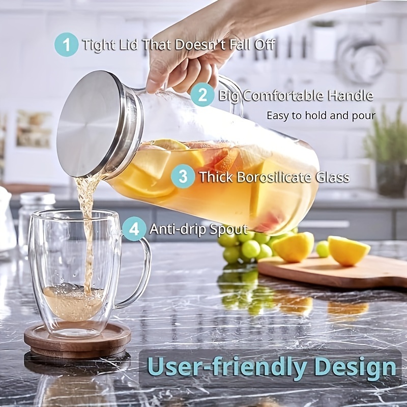 Carafe En Verre Borosilicate 2L - Pichet Avec Couvercle Inox - Résistant Chaleur - Design Scandinave