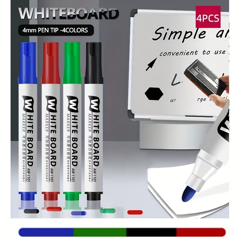 TEMU 1/3/4pcs Large Capacity Chisel Tip Dry Erase Markers, Whiteboard Markers, Erasable Water-based Markers, Refillable, 4 Ink Colors: Black, Blue,