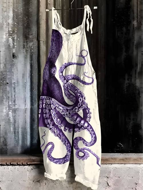 item picture womens print wide leg loose jumpsuit with thin straps casual artistic sleeveless overalls everyday wear
