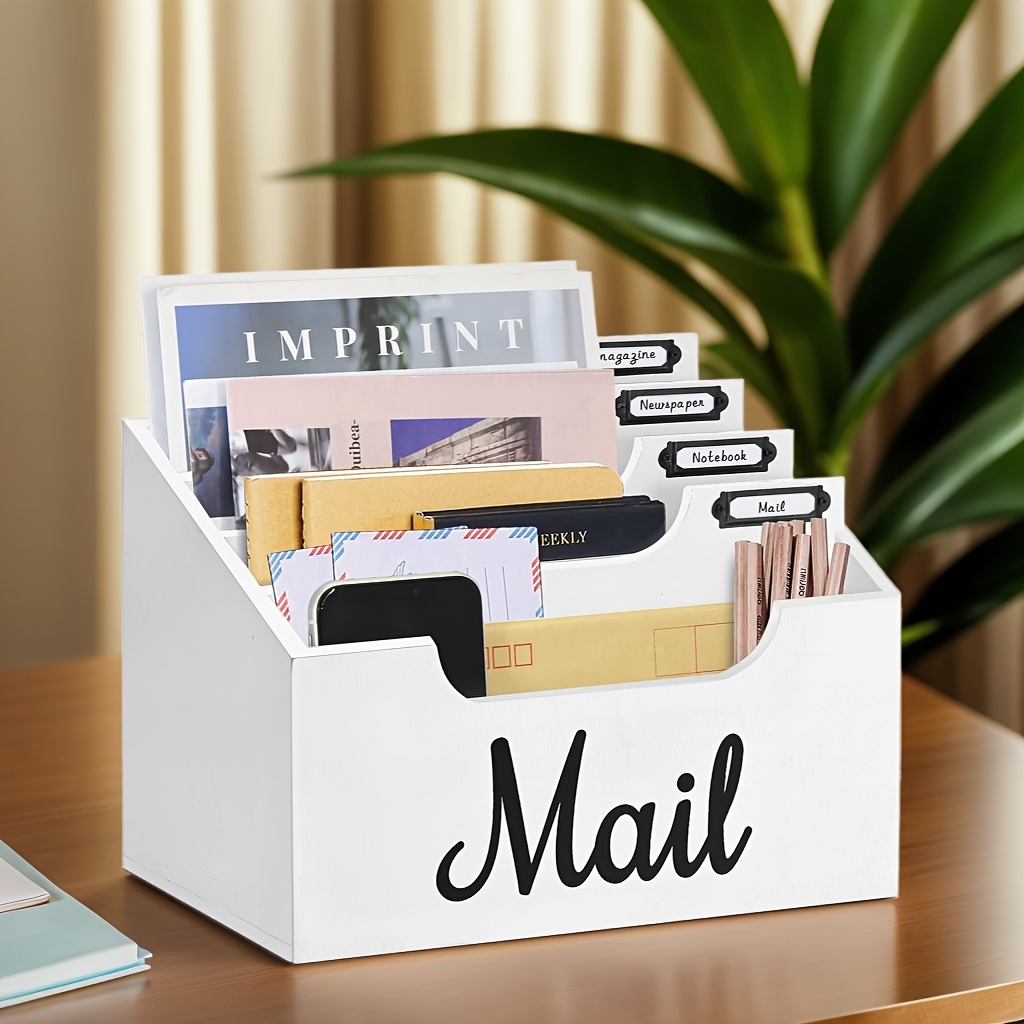 Decorative Wooden Mail Organizer For Desk - Kitchen Counter - Letter Sorter With 4 Compartments, Label Papers & - Desktop Bill Organizer For Home Office - Desk Office Accessories Organizer