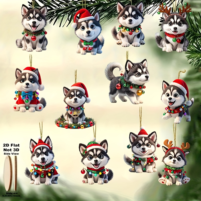 TEMU 2d Flat, 12pcs Set Of Adorable Husky Wooden Ornaments, For Hanging On Christmas Trees As Christmas Decorations, Santa Claus Ornaments, Christmas