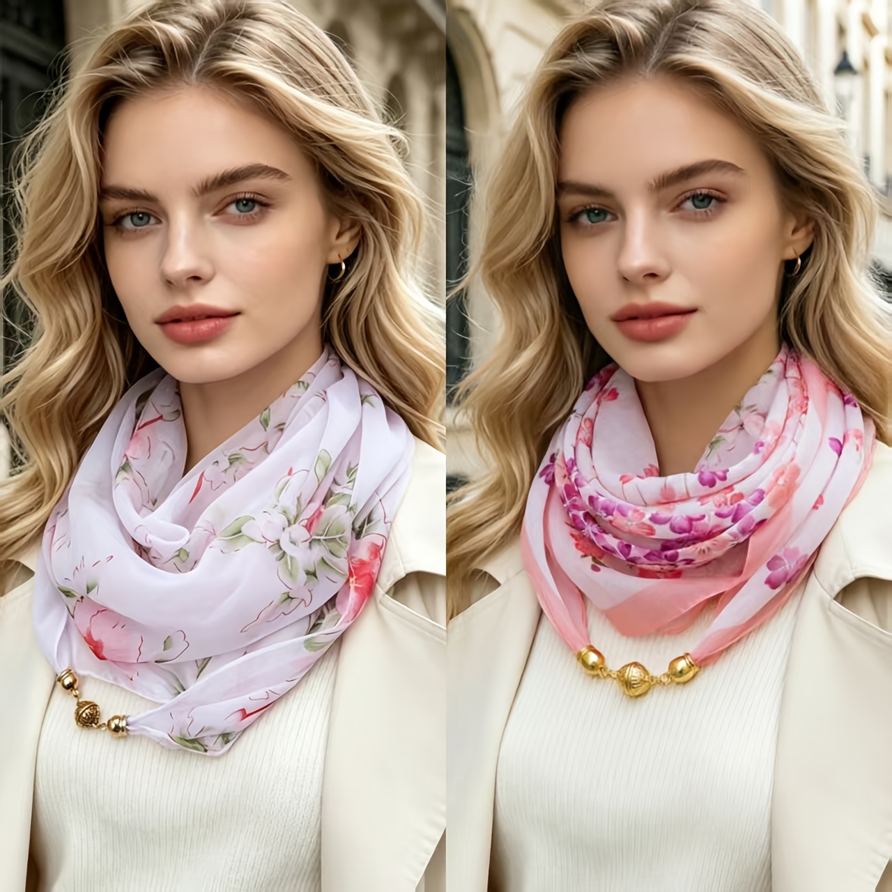 TEMU 2pcs Fresh And Stylish Floral Pattern Scarves With Clasp Closure, Lightweight And Breathable Chiffon Material, In Multiple Colors For Matching,