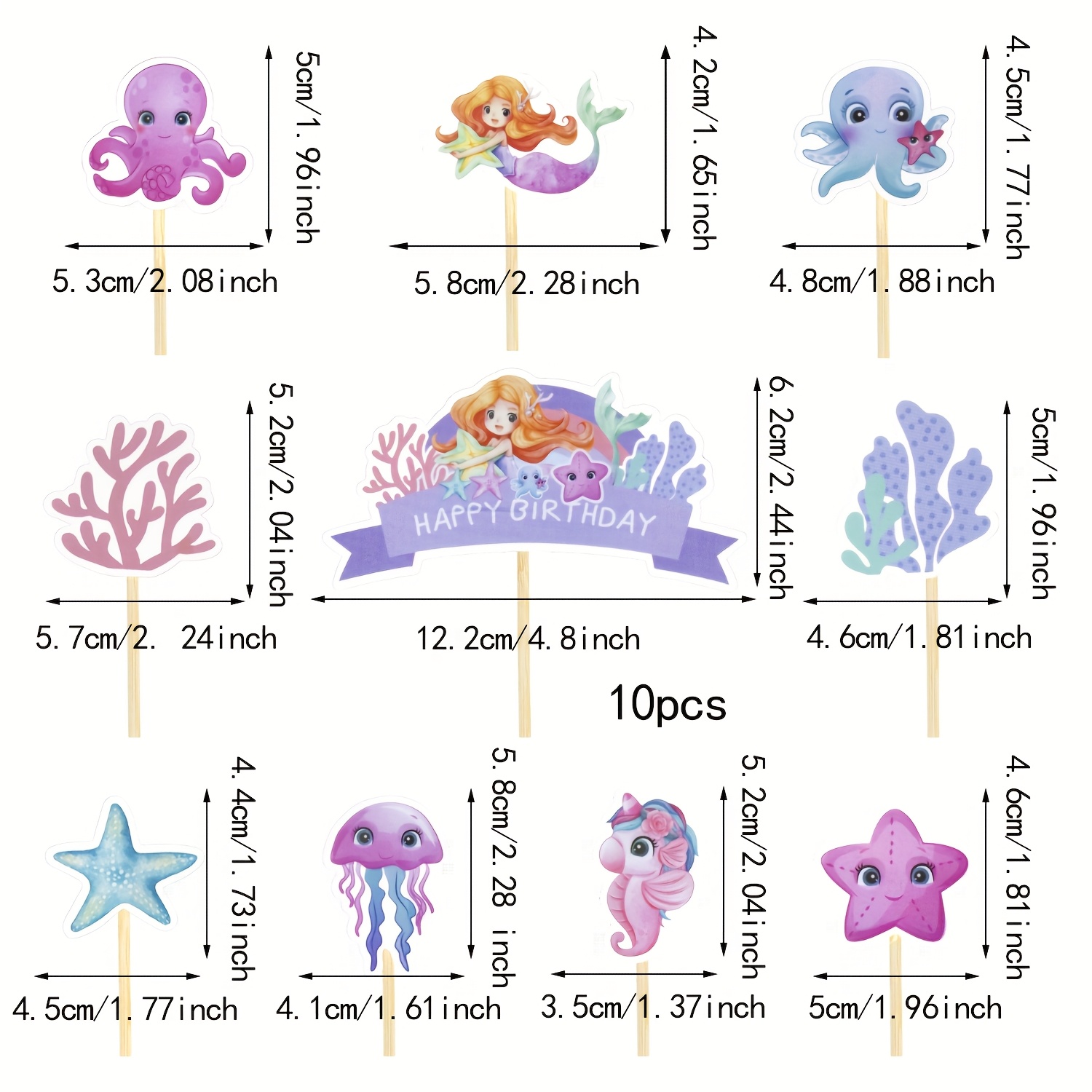 Image of 10-pack Mermaid Happy Birthday Cake Decoration Set Marine Animal Theme Starfish Octopus Mermaid Cupcake Decorations Marine Theme Birthday Cake Decorations, Halloween, Christmas