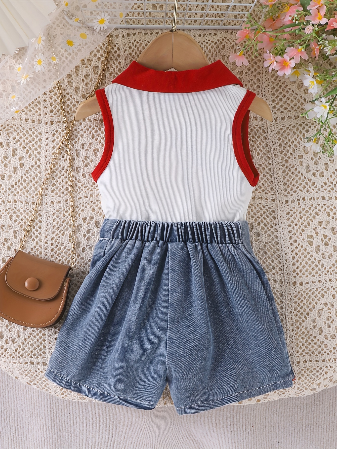 New Girls' Floral Orange And White Top with Denim Shorts Set, for Outdoor