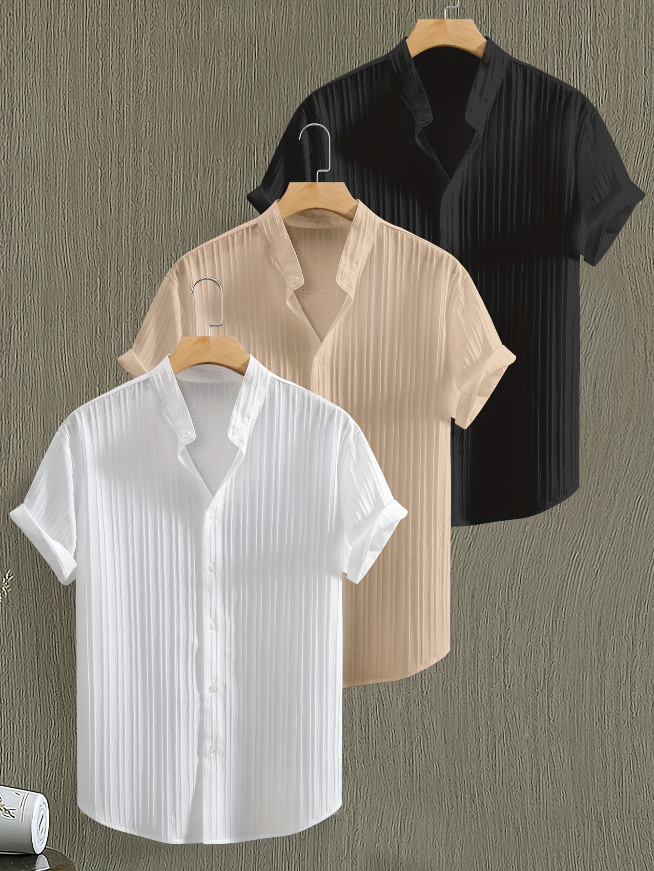 mens summer 3pcs solid color short sleeve stand collar shirt   fabric button up top casual fashion versatile shirts for casual attire beach vacation set of 3 white khaki black 0