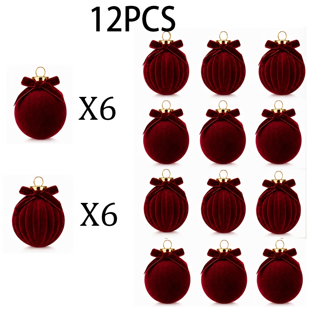 TEMU 12pcs Burgundy 3d Christmas Ball Ornaments Set With Bows, Hanging Strings & Gift Box, Elegant Shatterproof Christmas Tree Baubles For Holiday