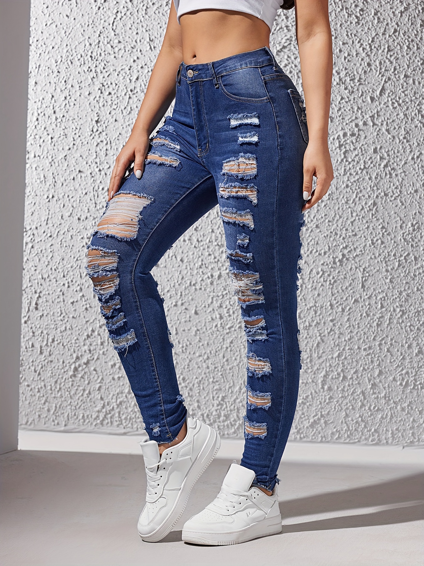 High Rise Distressed Jeans Blue Jeans ripped stretch denim tight fitting  jeans 