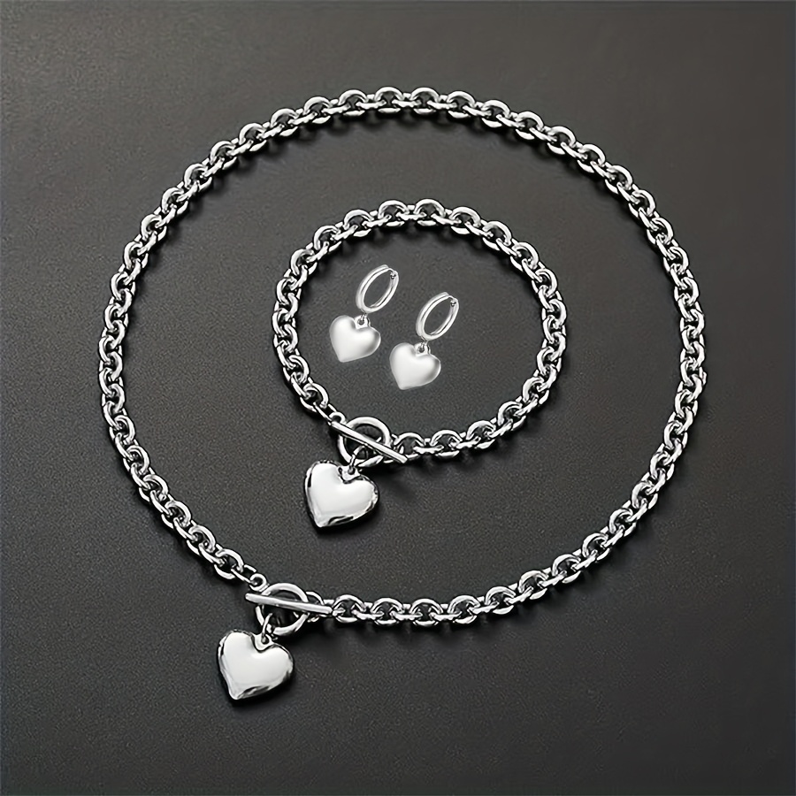 TEMU Ensemble cadeau tendance 4 pièces pour femme, accessoires en acier inoxydable titane avec chaîne câble et maillons en O de cœur, collier et