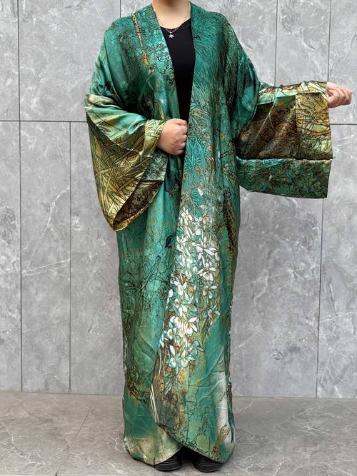 plus size 2026 new plus size cardigan beach skirt polyester fiber spring summer autumn and robe loose long sleeved dress bohemian positioning printed robe kimono