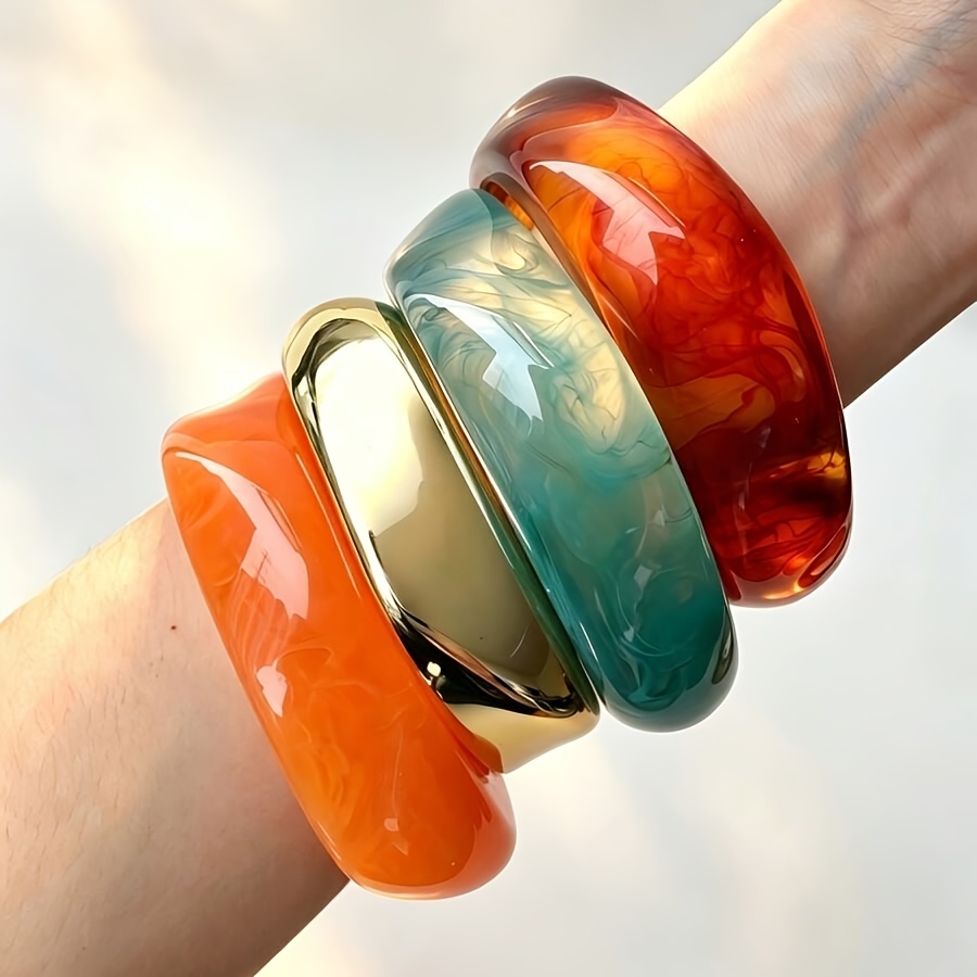 4pc Retro Gradient Marble Pattern Stackable Resin Bracelets