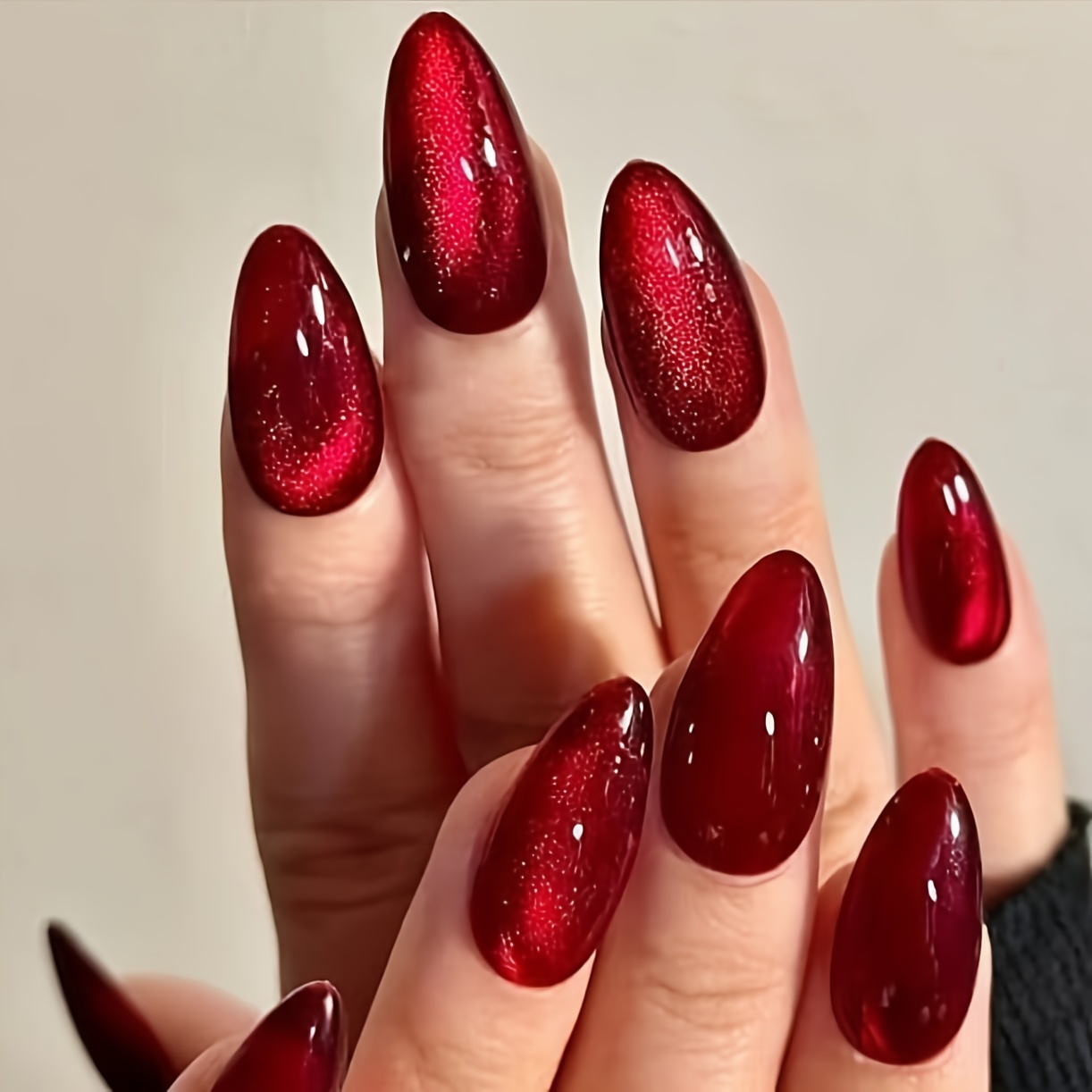 

24-piece Set, Red Cat Eye False Nails With Adhesive, Removable Press-on Nail Tips, Long Almond Shape, Glossy Finish, Nail Art For Beauty And Personal Care