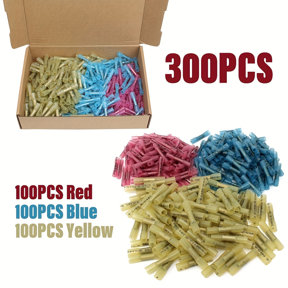 

300pcs Heat Shrink Butt Splices In Red, Blue, And Yellow - 100pcs Each Color