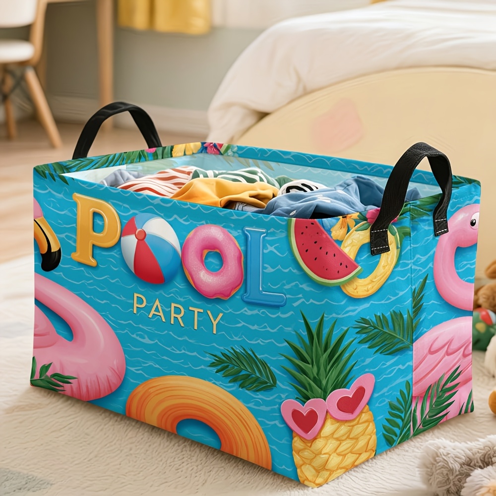 Image of 1pc, Storage Basket, Pool Party Summer Tropical Print, Durable Organizer Bin Multiple Specifications , Ideal For Bathroom, Living Room & Outdoor Pool Party Gathering Storage, Shelf Baskets
