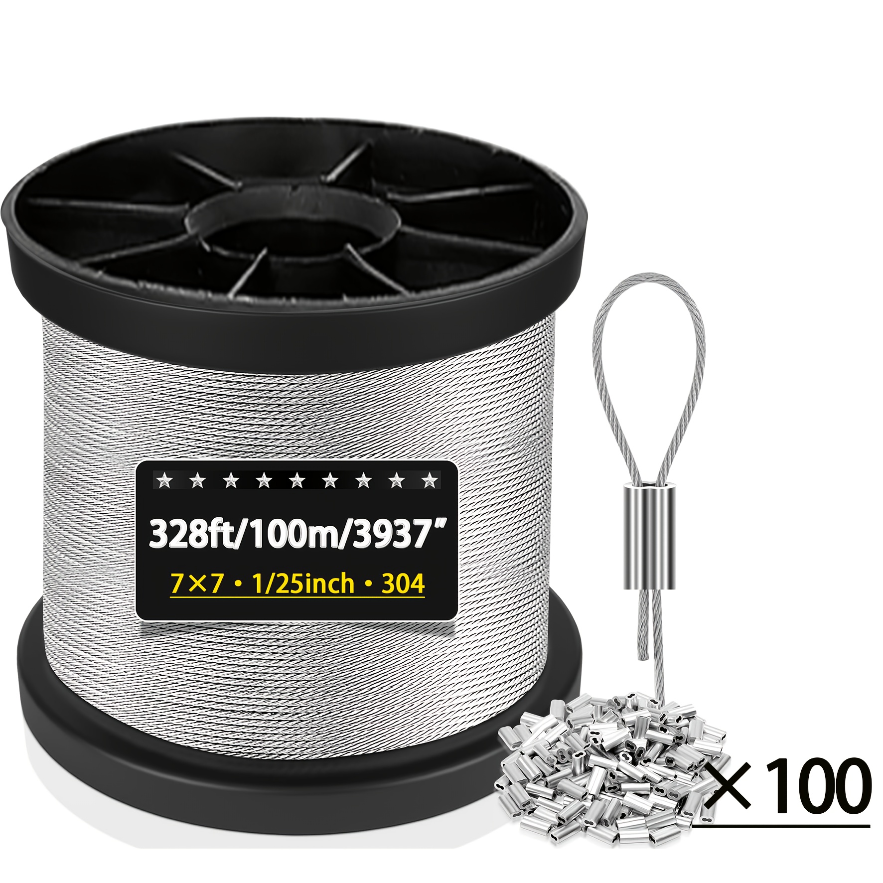 Image of 304 Stainless Steel Wire Rope 50/100/328ft, 1/25 Inch Wire Rope With 20/40/100 Ferrules, Suitable For Hanging String Lights, Hooks, And