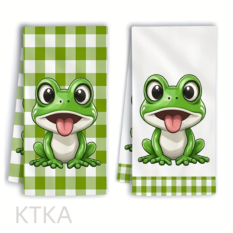 TEMU Un ensemble de deux torchons de cuisine modernes en polyester, fabriqués à partir d'un tissu ultra-doux, avec un motif à carreaux de grenouille