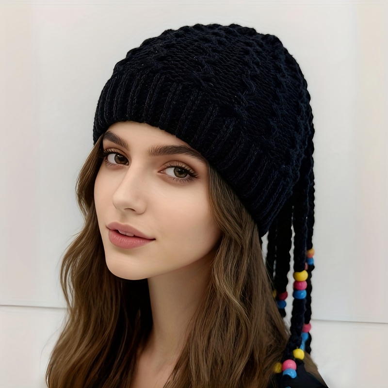 TEMU 1 cappello a maglia con nappe e perline - Cappello invernale elastico per donne, con frange e bordi perlati, cappello e caldo per Natale, stile