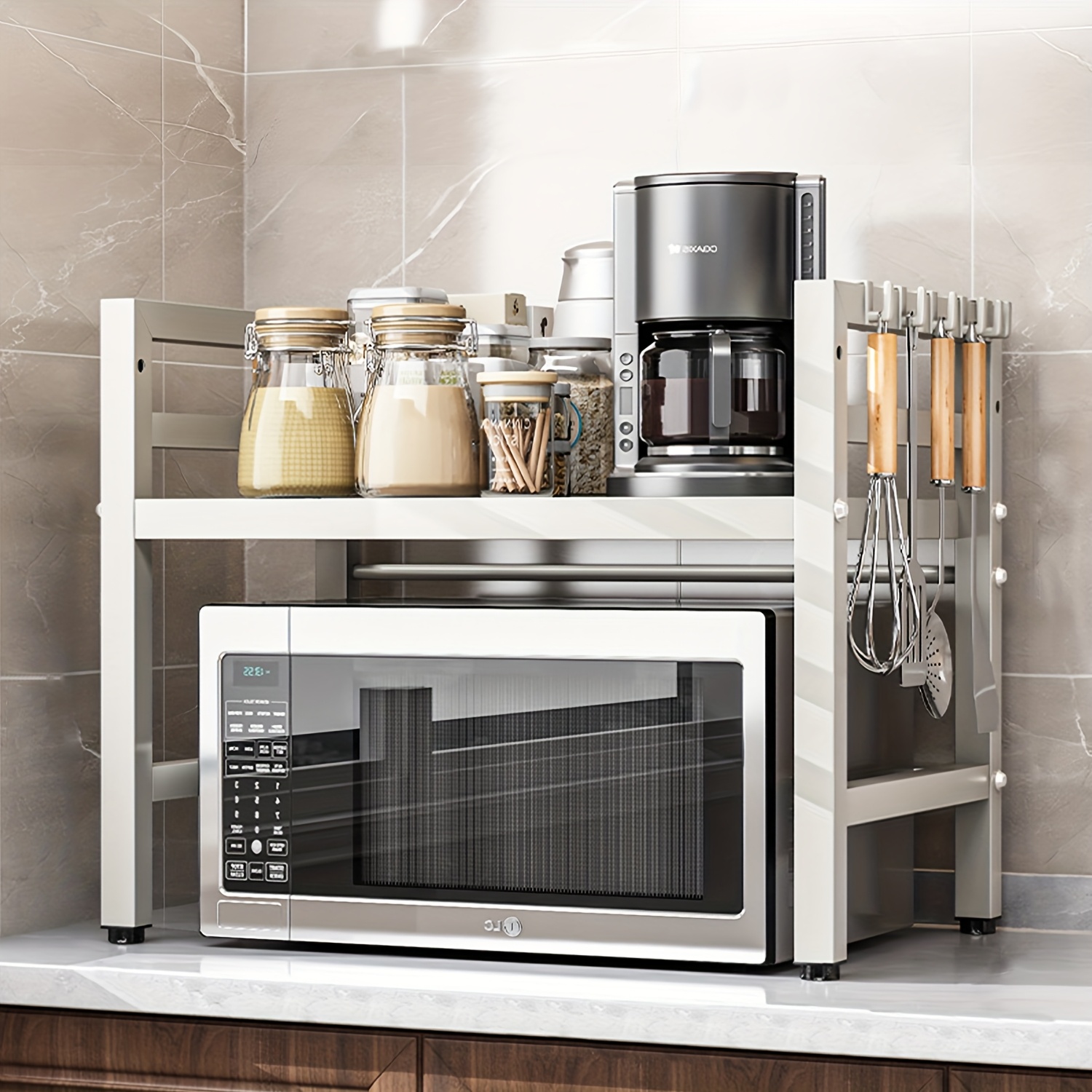 Kitchen Shelf, 40-64cm Extendable Microwave Shelf With 6 Hooks, 32cm/42cm Height-adjustable Microwave Stand, 30kg Load-bearing Microwave Oven Shelf, Microwave Oven Shelf, Spice Rack, Microwave Holder, Kitchen Storage Rack