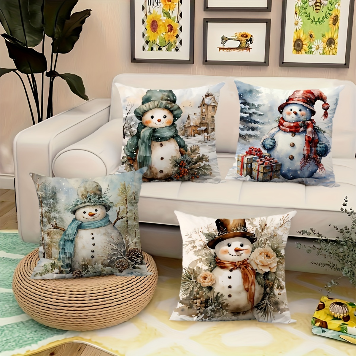 

Christmas Snowman Throw Pillow Covers Set Of 4, Polyester Knit Fabric Zippered Cushion Cases For Living Room Decor, Contemporary Hand Washable, Outdoor Party Accent - Mixed Color Patterns