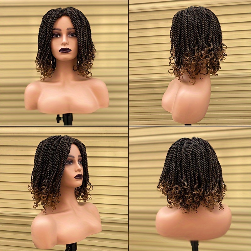 New Short Braids Hair Wig With Curly End Ombre Brown Synthetic Wigs Heat Resistant Crochet Braided Synthetic Braiding Hair Wig For Glueless Wigs Dark Brown Curly Wig Beginner Friendly