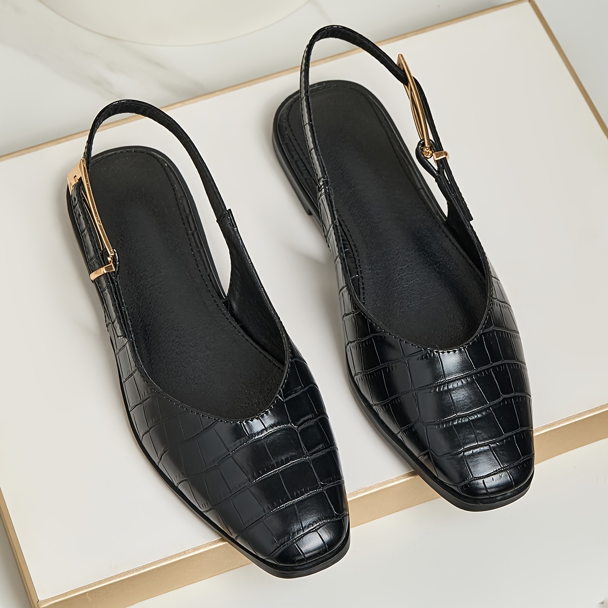 Image of Black Square Texture, Square Toe Shallow Mouth Easy Style Women's Flat Sandals, Women Shoes