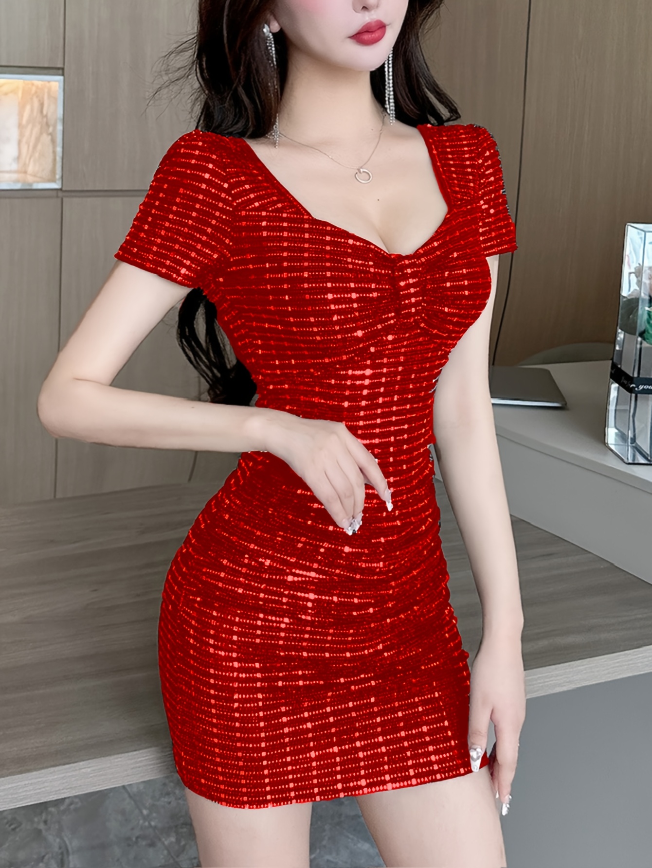strapless open back dress Slit Sequin Square Neck Wide Strap Dress Burgundy / L main image 1